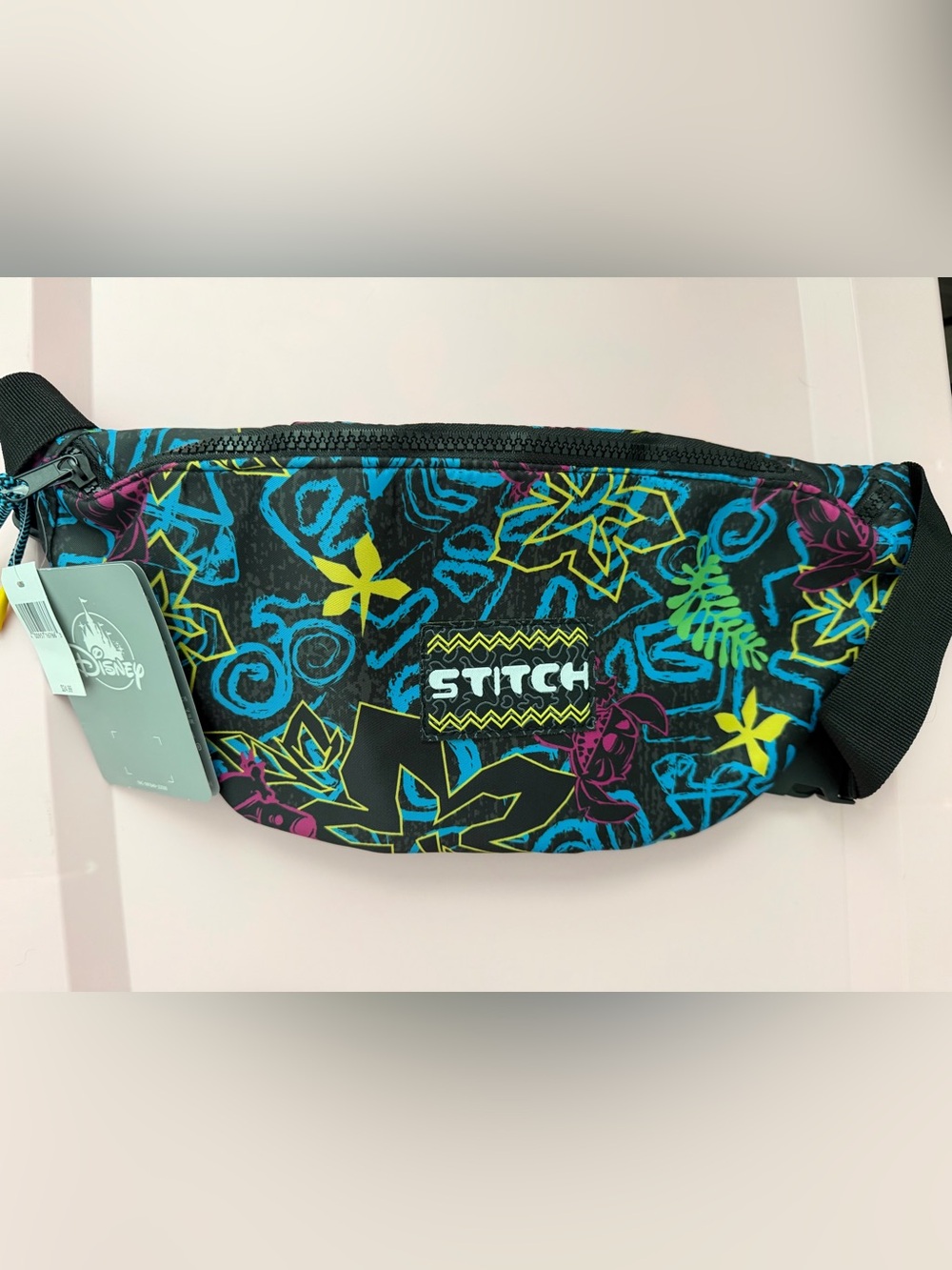 Disney Black Neon Stitch Floral Belt Bag